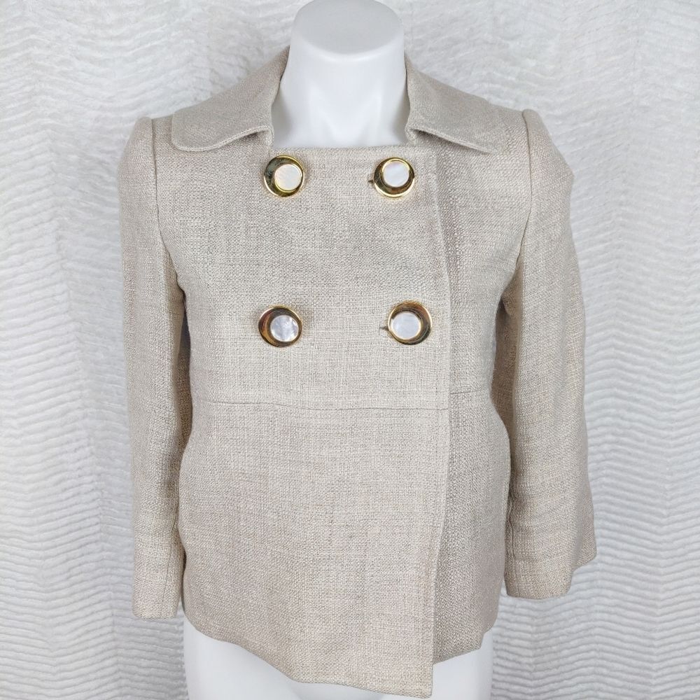Milly Cream Gold Cropped Tweed Pea Coat Sz 2